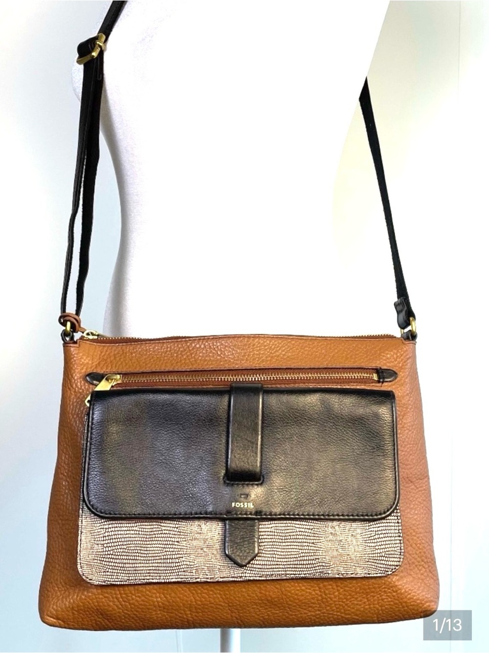 FOSSIL Kinley Pocket Crossbody Bag Leather Colorblock Brown Black Minimalist - Picture 1 of 13